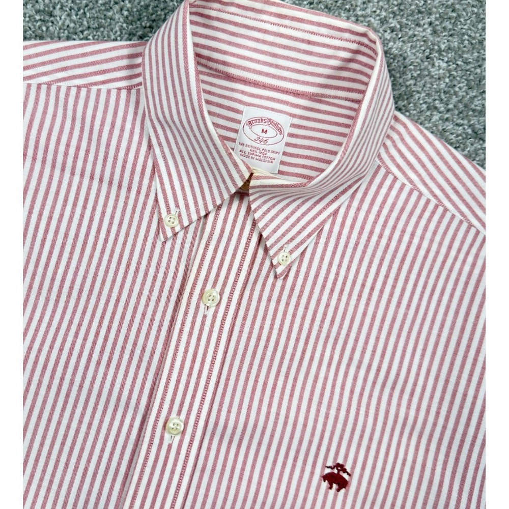 Brooks Brothers 346 Mens M Red White Stripe Supima Cotton Oxford Polo Shirt